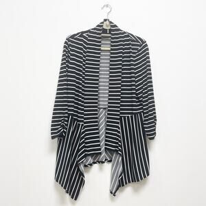 Chico's Womens 2 Black White Striped Peplum Stretch Open Drape‎ Front Cardigan